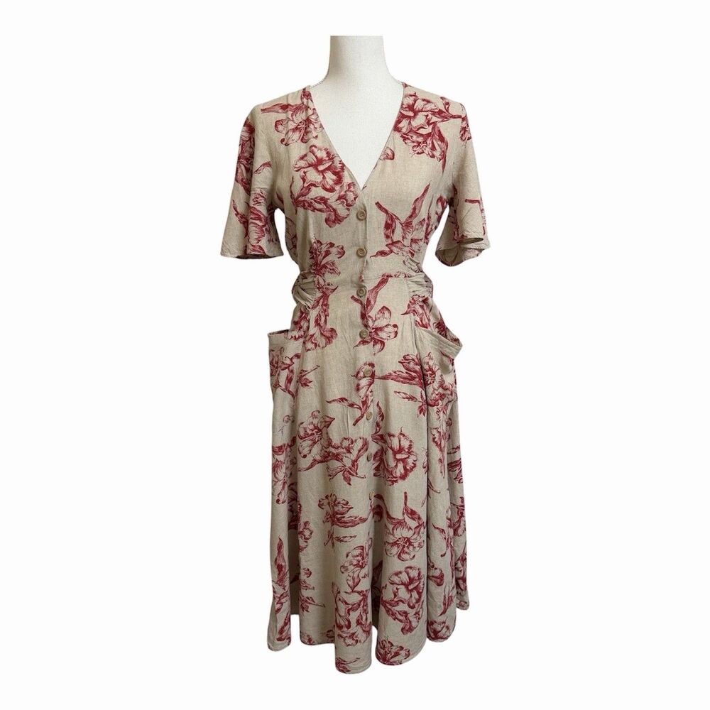 Zara Sz M Beige Red Floral Button Front Linen Blend Midi Dress w/ Pockets